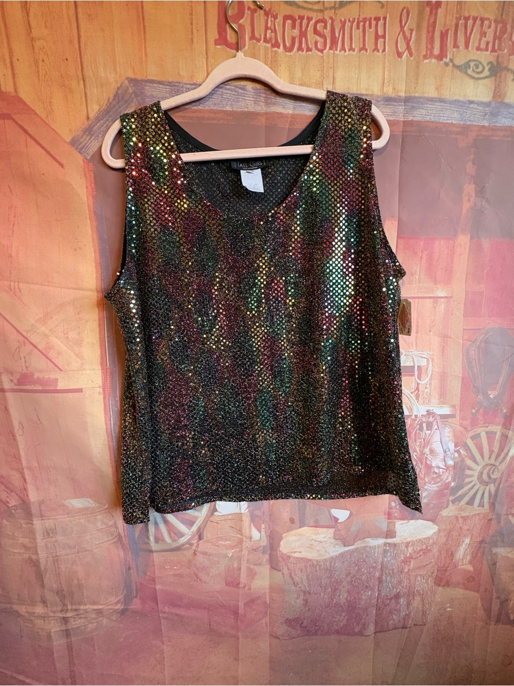 Vintage Tall Girl Rainbow Metallic Semi Sheer Tank Top XL